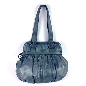 Cole Haan Pewter Leather Satchel Shoulder Bag Metallic Silver Buckle Detail‎